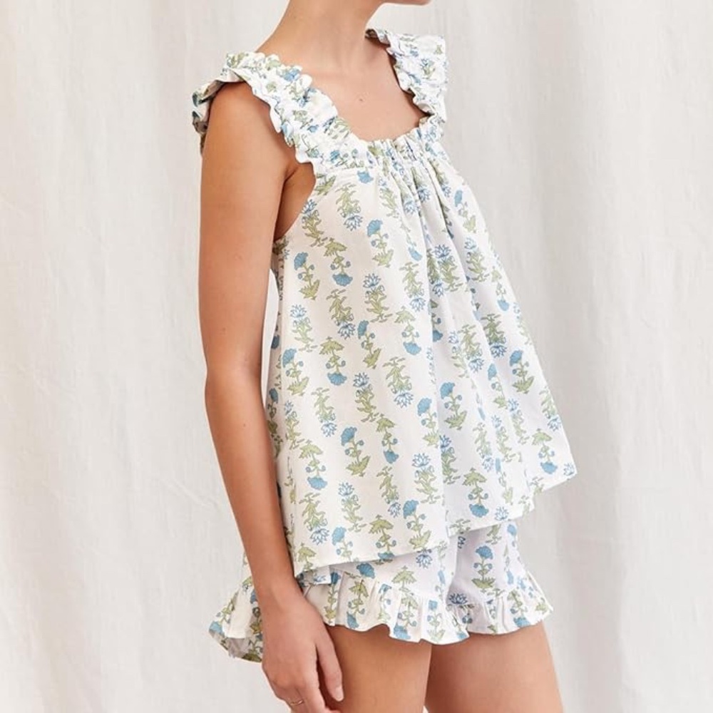 Argeousgor Floral Print Ruffle Trim Tank Top and Short Set